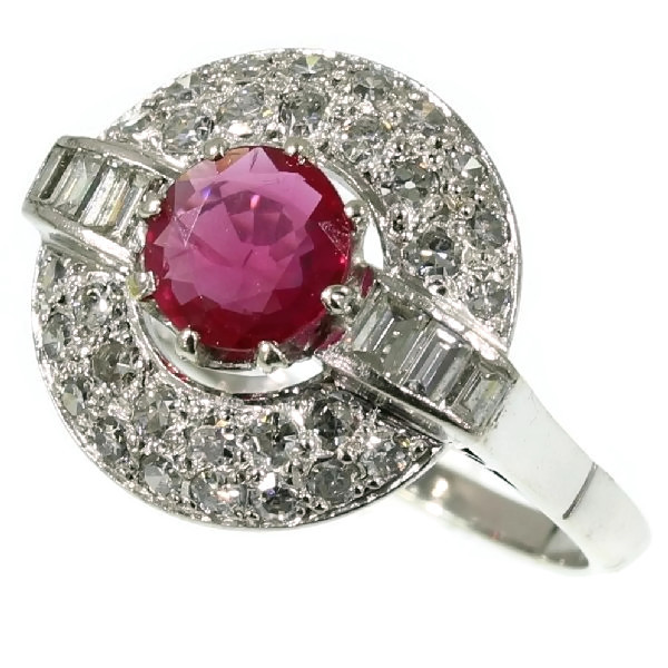 White gold diamonds Art Deco engagement ring with ruby
